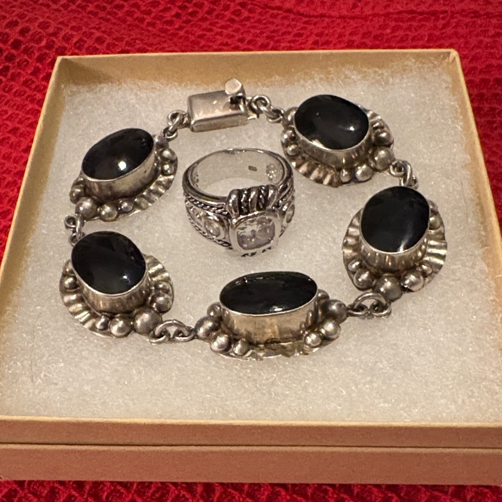 Sterling Silver Black Onyx Statement Bracelet and Ring Set